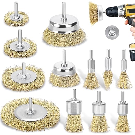 Wire Brush for Drill Set, 12Pcs Cup, Wheel & End Brush Kit with 1/4” Shank, Brass Coated Drill Brush Attachments for Rust Removal, Stripping, and Abrasive