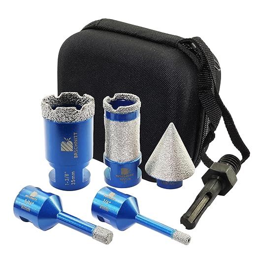 Tile Hole Saw Kit - BRSCHNITT Diamond Core Drill Bit Set 1/4",5/16",1-3/8"Drill Bit &1" Diamond Finger Milling Bit &1 3/8" Chamfer Bit for Porcelain Tile Ceramic Marble Granite & Adapter