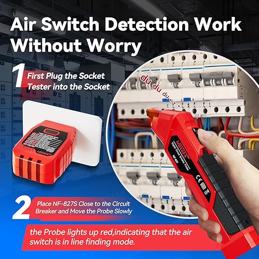 NOYAFA NF-827 AC Circuit Breaker Finder, New Upgraded Quickly Identify 90-120V NCV Circuit Breaker Finder Tool Kit with Integrated GFCI Outlet Tester, Electric Tester with Storage Case, Flashlight