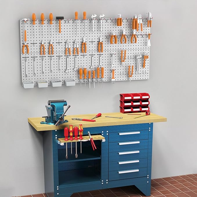 WALMANN Metal Pegboard Kit with Accessories for Wall Garage Tools Storage Pegboard System for Garage, Workbench, Modular Peg Board Tool Organizer Board with Hooks(Grey)