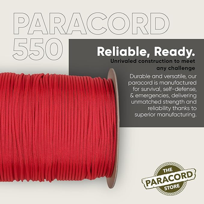 The Paracord Store | Type III 550 Paracord - 1000 FT Spool, Imperial Red | Heavy Duty 7 Strand Tactical Paracord - USA Made Nylon Outdoor Parachute Cord for Camping, Fishing & More - Survival Cord