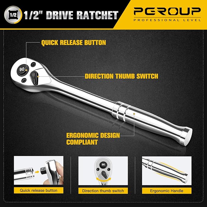 1/2-Inch Drive Ratchet Wrench, 90-Tooth Quick-release Reversible Ratchet Wrench with an Extension Bar(3 inch), 10" Long Socket wrench, 4-Degree Swing, Full Polished, Cr-Mo Head For Gifting, Repairing