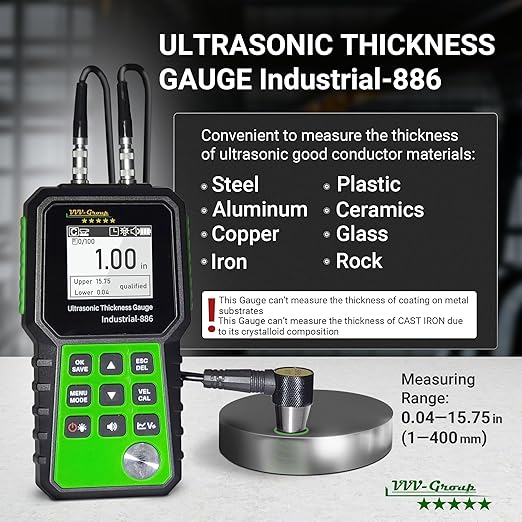 Ultrasonic Thickness Tester Industrial-886 / Digital Metals Thickness Gauge with Range 0.04-15.75in(1-400mm) / Industrial Measuring Instrument