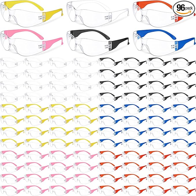 96 Pairs Clear Safety Glasses Bulk Adult Safety Goggles Unisex Eye Protection Glasses Impact Resistant Protective Eyewear with Assorted Color Frame for Men Women Lab Construction Carpentry Shooting
