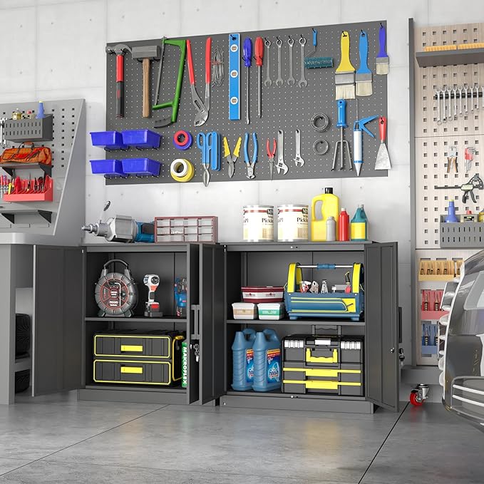Metal Wall Cabinet,Garage Wall Cabinet with Handle,Lockable Storage Cabinets Wall Mounted with 2 Doors,Locking Cabinet with Shelves for Basement,Living Home,Black
