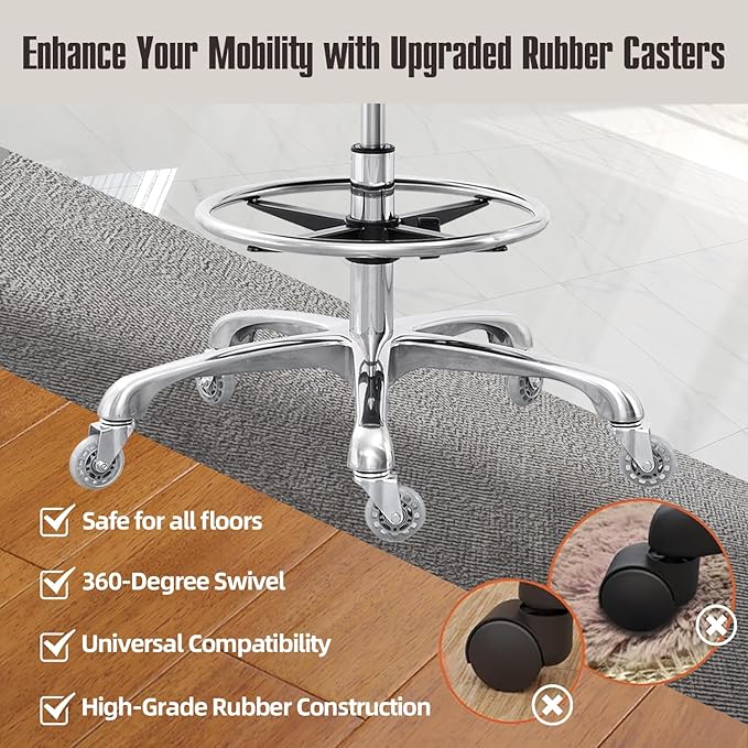 Drafting Chair Big Cushion Rolling Stool with Back, Tall Shop StoolRolling Chair with Footrest for Studio, Workshop, Classroom, Lab, Counter, Home Office (Black)