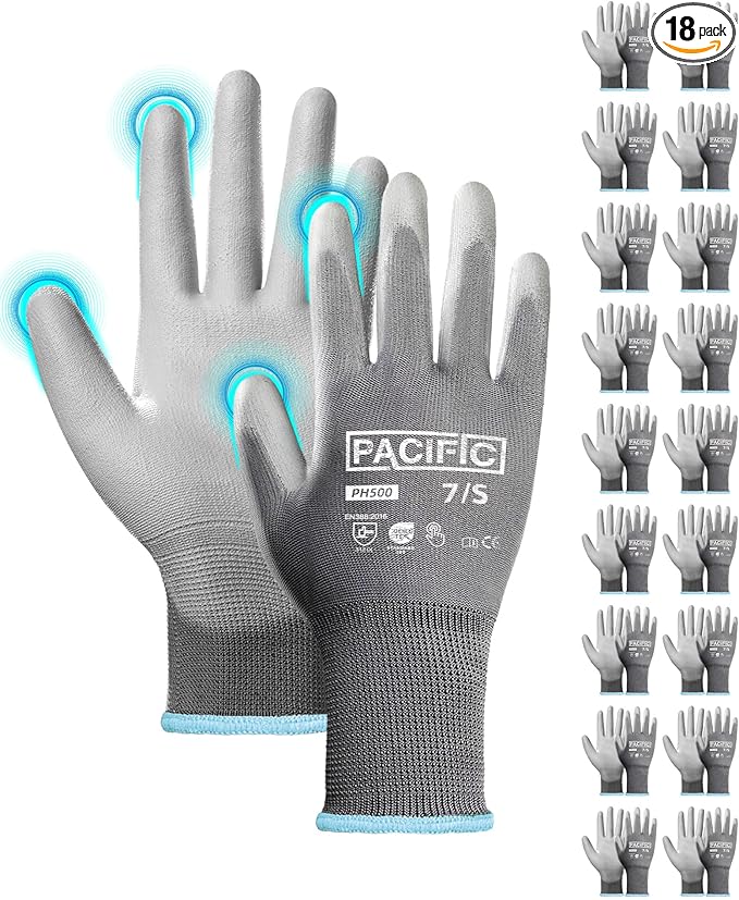 PACIFIC PPE Work Gloves PU Coated-18 Pairs, Touchscreen Working Gloves for Men and Women, Mechanic Gloves, Lightweight, Grey, Small