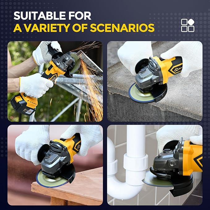 Brushless Cordless Angle Grinder, 21V Angle Grinder Toolbox Kit, with 2x4.0Ah lithium batteries and charger, yellow 4-1/2 inch grinder, suitable for cutting, grinding, polishing