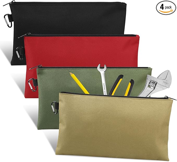 4 Pack Tool Bag, Premium Tool Pouch Zipper Bag, 12" Tool Pouch with Zipper, Multipurpose Storage Pouch with Carabiner for Tools, Stationary, Pencil Pouch, Gadgets, Cosmetics