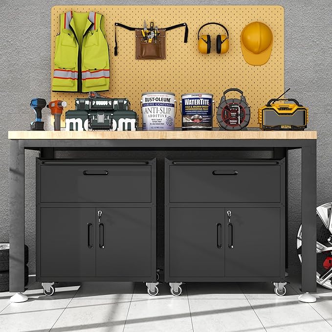 Metal Mobile Tool Storage Cabinet with Wheels,Black Heavy Duty Rolling Tool Cabinets for Garage,Metal Storage Cabinets with 2 Locking Doors and Drawer,Assembly Required