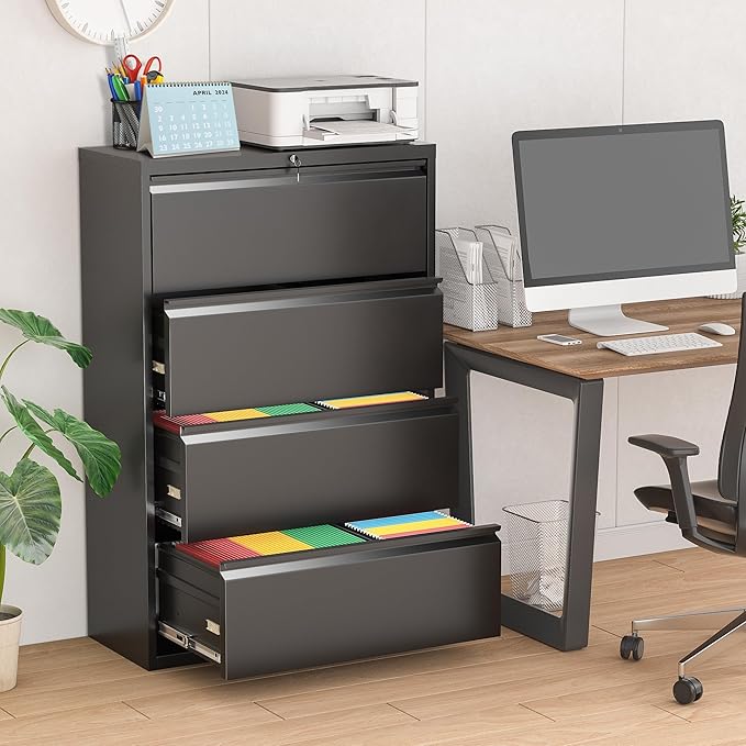 Superday Lateral File Cabinet 4 Drawer Metal File Cabinet with Lock, Black Filing Cabinets for Home Office, Locking Filing Cabinets Hanging Files Letter/Legal/F4/A4