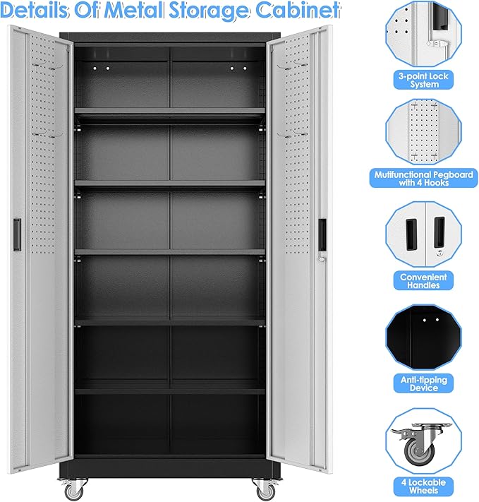 Aobabo Upgrade 71H''*32''W*16''D Metal Garage Storage Cabinet with Wheels and Pegboards, 5 Adjustable Shelves Steel Storage Cabinets for Home,Warehouse,Garage,Assembly Required,Black and Sliver