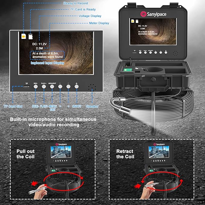 Sanyipace Sewer Camera 230FT/70M with 512Hz Transmitter, Self-Leveling, Distance Counter, Plumbing Pipe Inspection Camera with Mic Speaker DVR Recorder, 16GB TF Card, 5mm Cable, Roller Guide Wheel