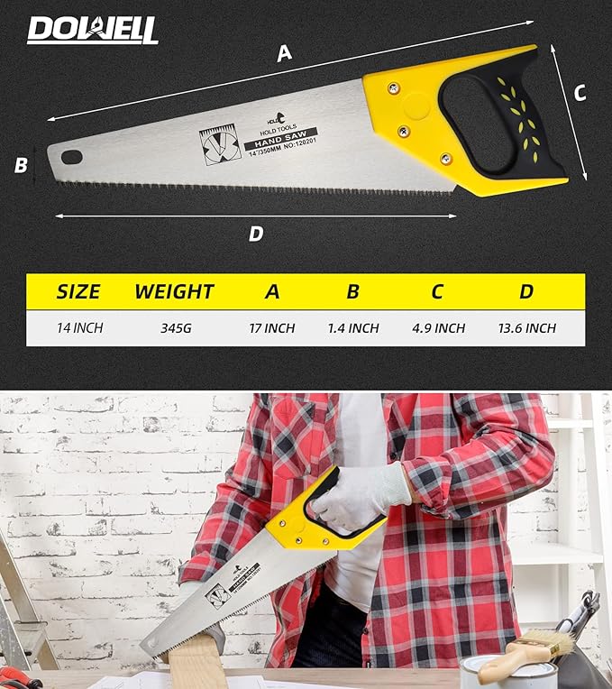 DOWELL 14 in Hand Saw - 11 TPI Fine Cuts Wood Saw Perfect for Sawing, Trimming, Gardening, Cutting Wood, Drywall, Plastic Pipes, Sharp Blade