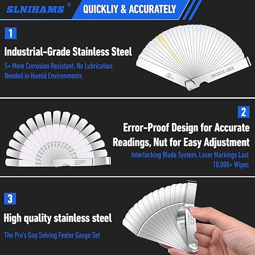 2PS Stainless Steel Feeler Gauge Set, 32 Blades Feeler Gauge & 16 Blades Offset Thickness Gauge with Standard SAE/Metric Angled & Straight Gap Tools for Valves, Spark Plugs | Laser-Etched