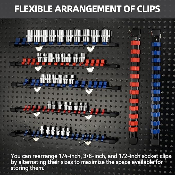 Socket Organizer Drive ABS Tools-Socket Holder, Premium Quality 3 Pieces Holders Kit 1/4-Inch x 16 Clips, 3/8-Inch x 15 Clips, 1/2-Inch x 12 Clips