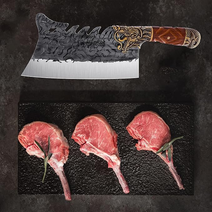 ROCOCO Cleaver Knife Meat Cutting Heavy Duty Bone Butcher Chopper Large Hand Forged Chinese Dragon Viking Cutter for Kitchen Outdoor with Sheath Birthday Father Mother Christmas Gift Men 8.6"