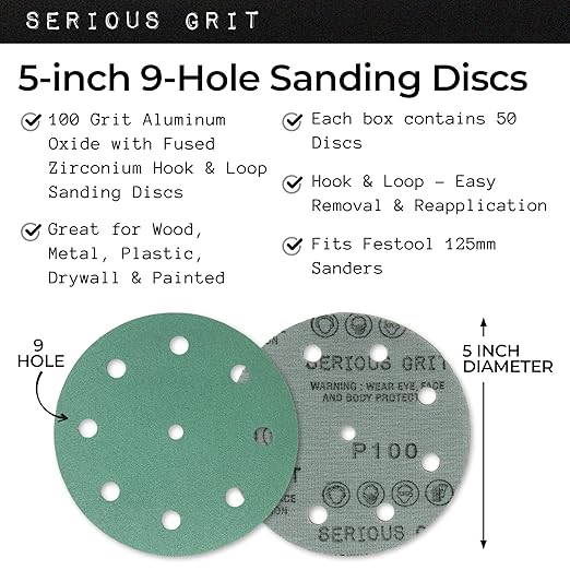 5-Inch 9-Hole 100 Grit Sanding Discs - Heavy-Duty Hook & Loop Film Discs - Sandpaper for Random Orbital Sanders - 50 Pack Box