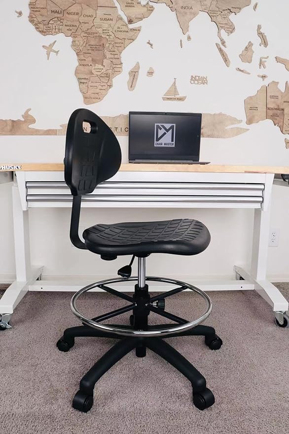 CHAIR MASTER Drafting Stool - Easy to Clean! Ergonomic Polyurethane Chair. Seat Height Adjustable w/Heavy Duty Footring for Home, Automotive, Lab, Cleanroom (Standard Casters, Medium Stool)