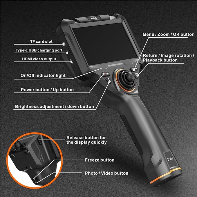 360 Articulating Borescope, 5" Monitor, 6.2mm Industrial Inspection Camera with 4-Way Joystick Articulation and 5.0FT Semi-Rigid Snake Tube, HD Endoscope for Automotive, Pipe & Equipment