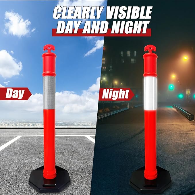 CJ Safety 44" Orange PE Delineator Post Cone, 44" Height Post, 10 lbs Recycled Rubber Base, 10" Reflective Band for Industrial (Set of 9)