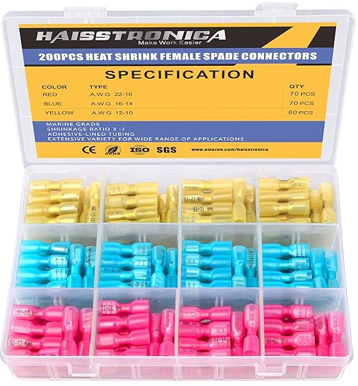 haisstronica 200PCS Heat Shrink Female Spade Connectors, 22-10 AWG Tinned Copper Crimp Terminals, Quick Disconnect Wire Connectors for Automotive Marine