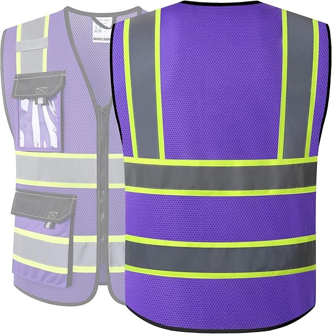 JKSafety Hi Vis Reflective Safety Vests for Men Women High Visibility Vest with Pockets Mesh Fabric Construction Safety Apparel Neon Vest for Work (220-PurpleB XXL)