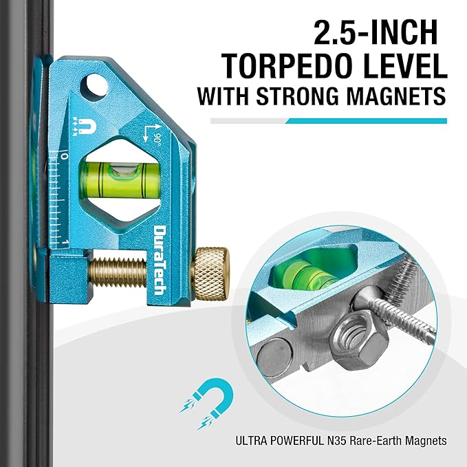 DURATECH 2.5-Inch Level, Magnetic Torpedo Level with 90° Bubbles, V-Groove, Large Viewing Window, Aluminum Alloy Body, Hanging Hole, SAE and Metric Scale for DIY Projects and Household Use