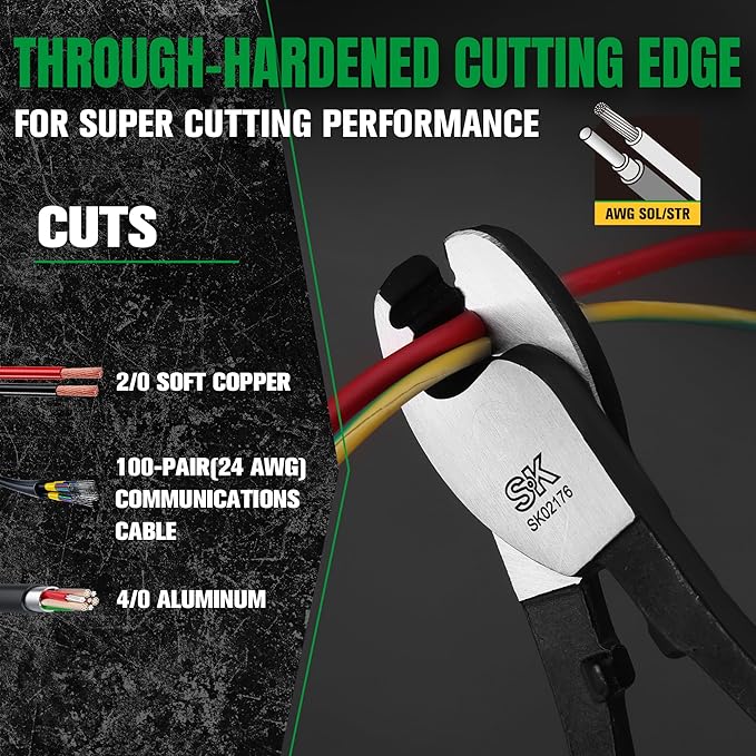 SK 8-Inch Cable Cutter, High Leverage Wire Cutter for Cutting, Stripping and Crimping, Heavy-Duty Cable Cutting Pliers for Aluminum, Copper, Wire, and Communications Cable