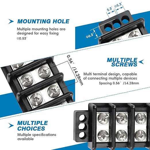 GLOSO Marine Terminal Blocks TBD Double Row Stainless 10-22 AWG Cu, 30A/600V- 1 Pack, 10 Poles