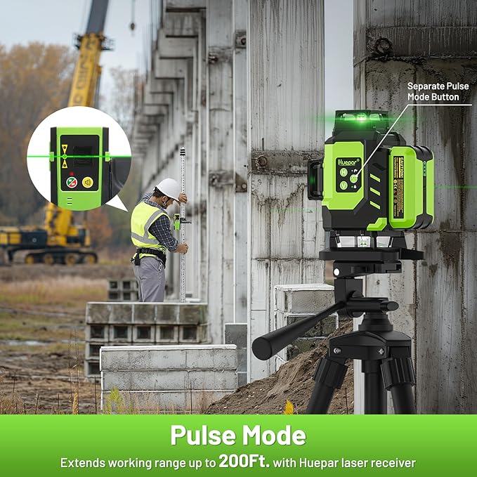 Huepar Laser Level, Self-leveling 16 Lines Green Beam 4D Cross Line Tiling Floor Laser Tool-2 x 360 Horizontal & 2 x 360 Vertical Laser Lines with Two Li-ion Batteries and Hard Carry Case-LS04CG