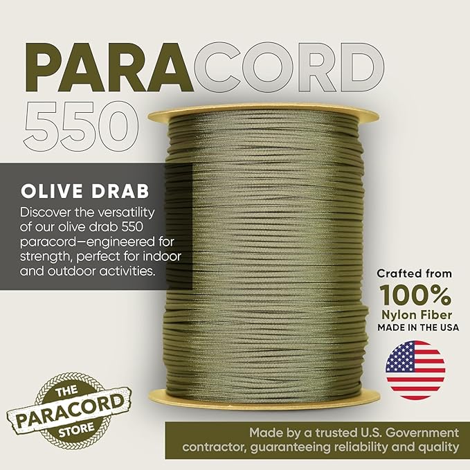 The Paracord Store | Type III 550 Paracord - 250 FT Spool, Olive Drab | Heavy Duty 7 Strand Tactical Paracord - USA Made Nylon Outdoor Parachute Cord for Camping, Fishing & More - Survival Cord