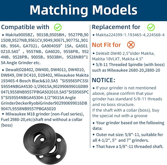 7PCS IALTMEI Angle Grinder Nut ＆ Angle Grinder Wrench Set， Premium 5/8-11 Flange Metal Lock Nut, Compatible with Dewalt, Milwaukee, Makita1, Metabo, Bosch, Ryobi, Black Decker 4.5" 5" Grinder Parts