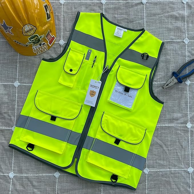 TCCFCCT Safety Vest for Men Women 9 Pockets High Visibility Reflective Vest for Safety, Work Vest with Reflective Strips, Meets ANSI/ISEA Standards, (Yellow, X-Large)