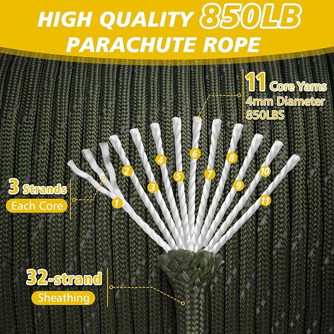 Paracord Reflective Rope 850Ib, 50/100/200/500/1000ft 4MM 11 Strand Parachute Cords, Tactical Paracord String for Camping, Fishing, Clothesline, Hammock, Tent, Bracelet, Army Green 500FT