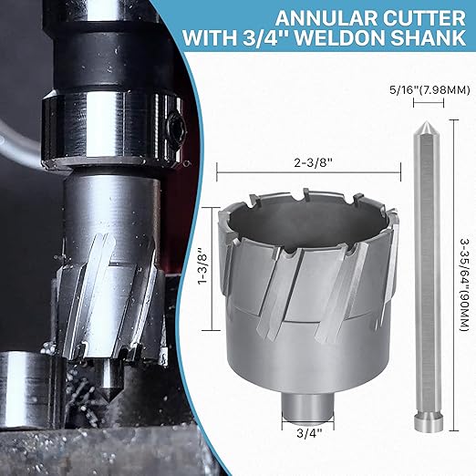 KEENTECH Carbide-Tipped Annular Cutter, 2-3/8" Diameter x 1-3/8" Depth, 3/4" Weldon Shank (2 Flat), High Speed Cutting TCT Mag Drill Bit with Pilot Pin for Harder Material, Stainless Steel, Cast Iron