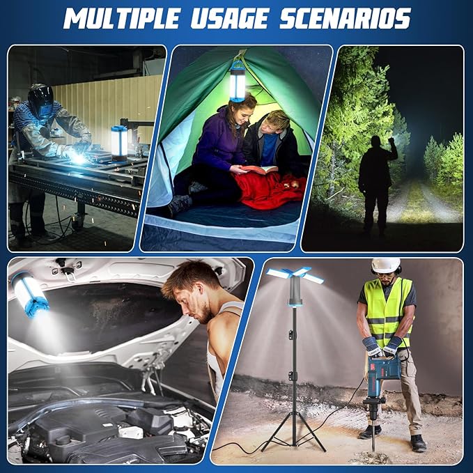 T-SUN Rechargeable Work Light with Stand, 6000K Camping Light with 4 LED Lamp Heads, 10400mAh Cordless Work Light for Job Sites, Emergency & Camping, Detachable Tripod & Storage Bag Included