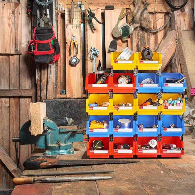 Industrial tool bins Stacking storage bins for garage screws, nuts, bolts,Red,Pack of 6