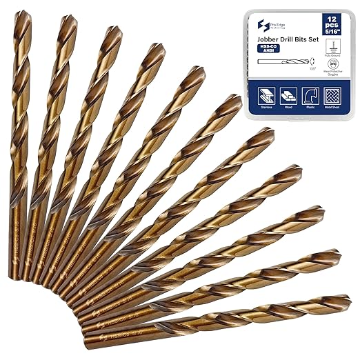 12pcs 5/16" Cobalt Drill Bit Set, M35 HSS, 135 Degree Tip, M35 Jobber Drill Bits for Metal, Stainless Steel, Cast Iron, Wood, Plastic, Fully Ground from Pro Edge Technology