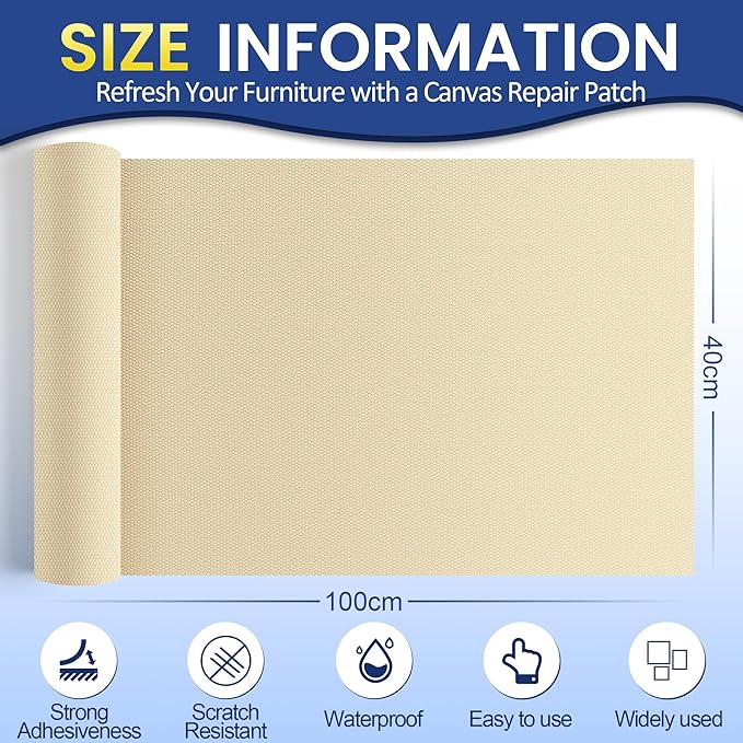 Self-Adhesive Canvas Repair Tape, 16" x 40" Waterproof Canvas Repair Patch, Fabric Patch Repairs Kit for Furniture, Tents, Sunbrellas, Boat Covers Awnings, Couches, Clothes, Bags Beige-Yellow