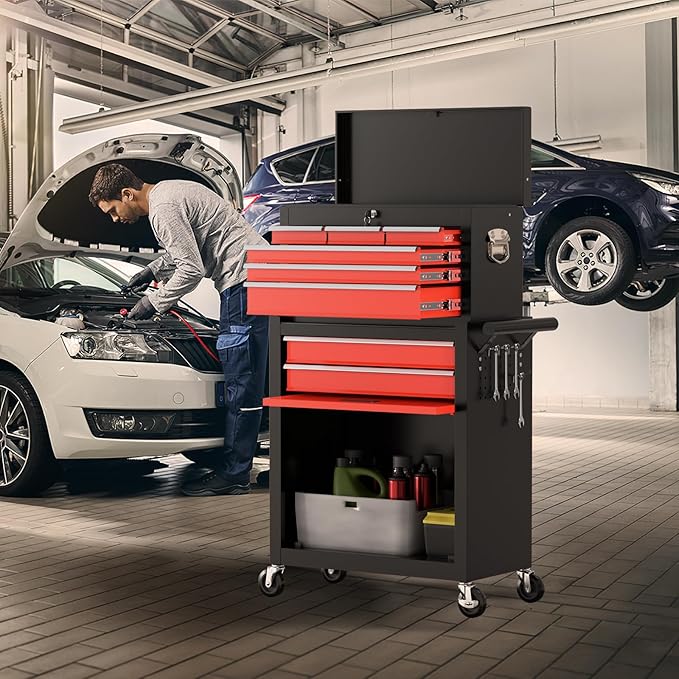 8-Drawer Rolling Tool Chest with Wheels, 2-in-1 Detachable Tool Box with Drawers and Large Cabinet, Rolling Tool Chest Storage Cabinet with Lockable for Warehouse, Garage, Workshop (BlackRed)