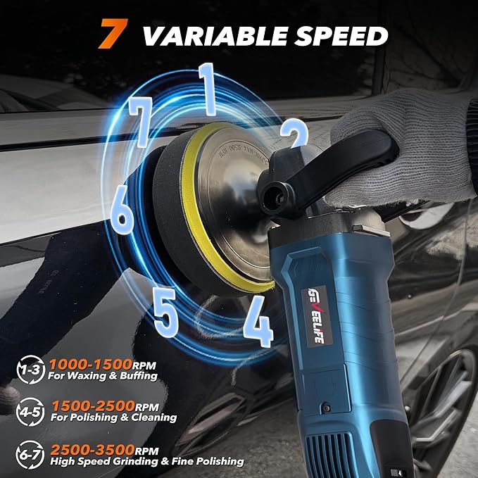 Buffer Polisher, 6 Inch/7 Inch 1600W Rotary Car Buffer Polisher Waxer, 7 Variable Speed 1000-3500 RPM, Detachable Handle for Car, Boat Sanding, Polishing, Waxing