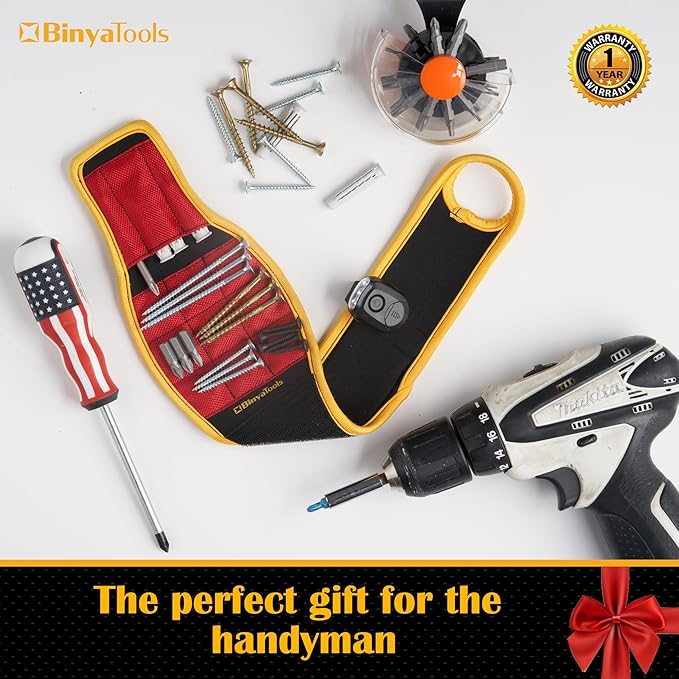BINYATOOLS Magnetic Wristband RED Super Strong Magnets Holds Screws, Nails, Drill Bit. Unique Wrist Support Design Cool Gadget Gifts for Fathers, Boyfriends, Stocking Stuffers for Men