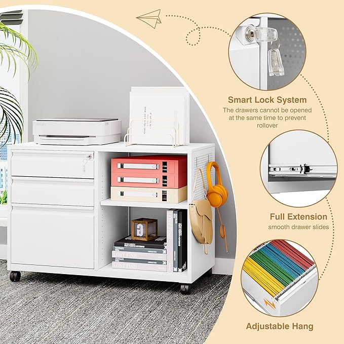 Mobile Filing Cabinet with Lock,Metal Lateral File cabinets Printer Stand with Storage Cabinet for Home Office,A4/F4/Letter (White-3 Drawer)