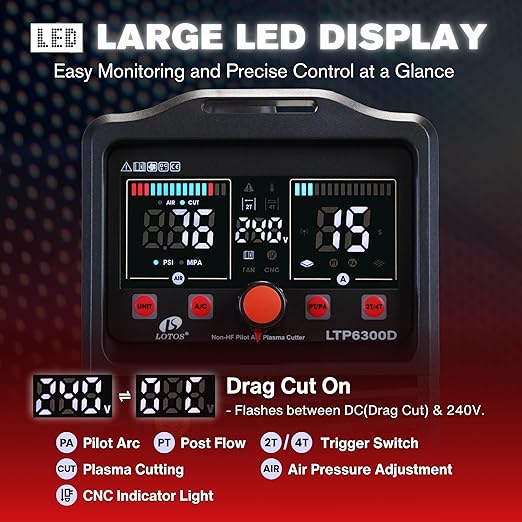 LOTOS LTP6300D 63AMP Non-Touch Pilot Arc Plasma Cutter, Drag Cut Enabled, 3/4" 19mm Clean Cut, 1" 25mm Severance Cut, Non-HF Arc Start Metal Cut Machine, Plasma Cutting Equipment, 110V/220V