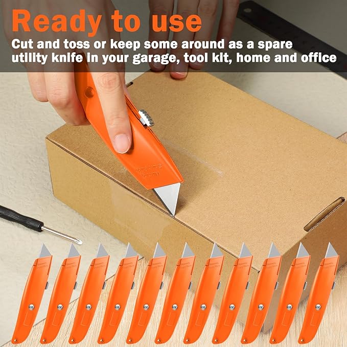 Reginary 20 Pcs Box Cutter Bulk Retractable Utility Knife Heavy Duty Aluminum Alloy Razor Knife for Cardboard Box Carton Opener for DIY, Factory, Home Office(Orange)