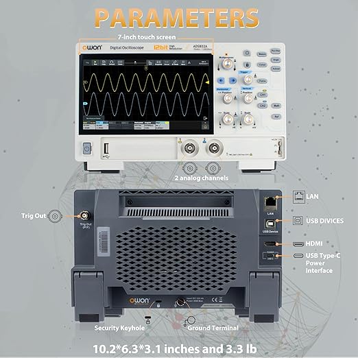 OWON Digital Oscilloscope ADS802A 70 MHz with Dual Channel 12 Bits Vertical Resolution Lab Oscilloscope with 1.25GSa/s Sample Rate 700,000 Wfms/s Waveform Capture Rate with 7 inch Display(70MHz/2CH)