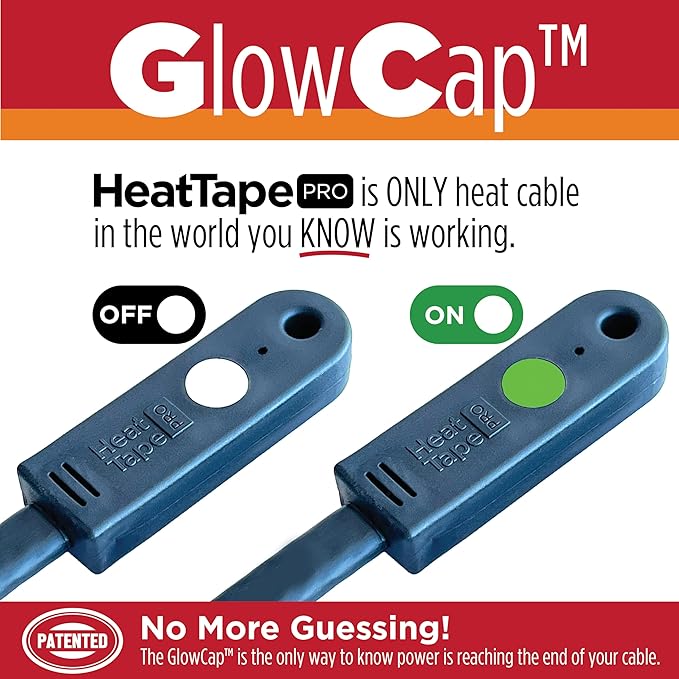 RADIANT SOLUTIONS HeatTapePro - Intelligent Commercial Grade Self-Regulating Heat Cable with GlowCap™ - 10 YR warranty - Ice Dam & Pipe Freeze Protection - 18 ft cable + 10 Ft Cord, 120V, 6 watts/Ft