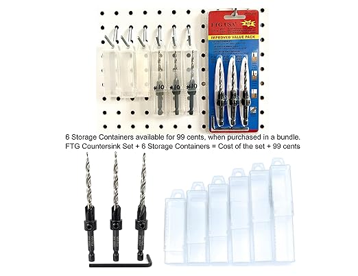 FTG USA Adjustable Wood Countersink Drill Bit Set 3 Pc #10 (3/16") with Tapered Drill Bits for Woodworking