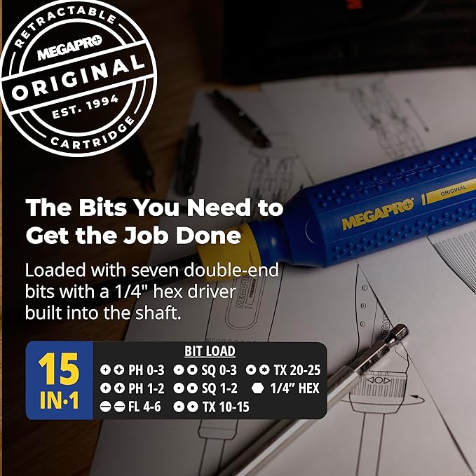MEGAPRO® 15-in-1 Original Multi-bit Screwdriver | Home DIY & Repair | Construction | Tradeswork | 14 Industrial-grade bit tips | 1/4" Hex Drive in shaft (Original)